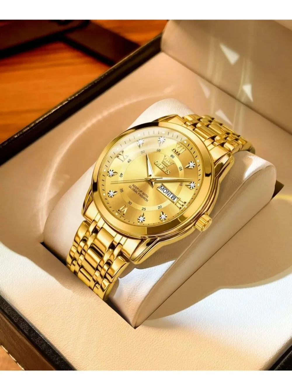Olevs Men's Gold Diamond Wrist Quartz Stainless Steel Luminous Luxury Watch